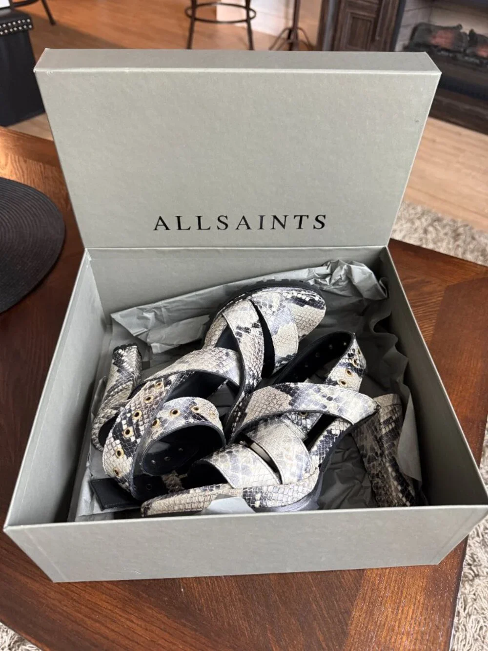 ALLSAINTS Sienna Snake Print Leather Platform Strappy Ankle Sandal | 40 | NWB